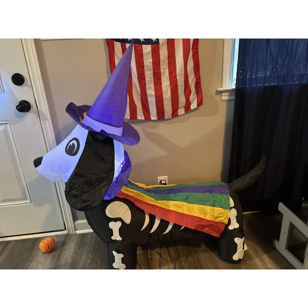 Gemmy Halloween Rainbow Skeleton Dog Witch Inflatable Airblown 4 Feet Wide
